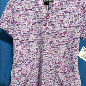Divine Stretch Women’s scrub top, heart love print short sleeve front pockets